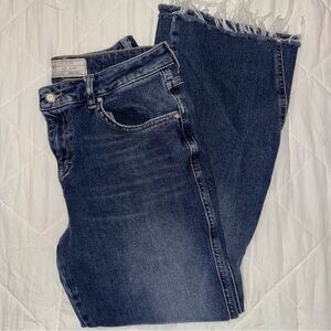 Free People Dark Blue Frayed Cropped Flare Hem Jeans 30 R